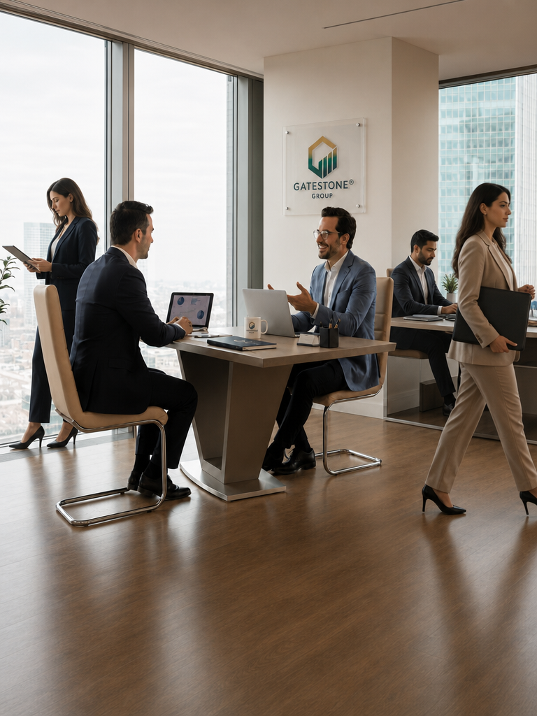 two professionals in the foreground as the primary client consultation