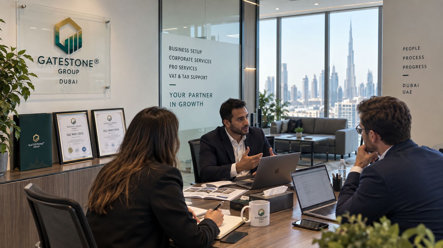 professionals discussing business setup services in a Dubai office
